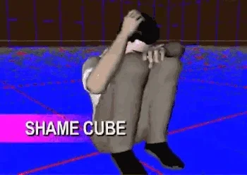 A 3D animation from the music video for the song Bumble, by Rx, showing a man sat on the floor with his knees to his chest, as a box labelled Shame Cube is lowered down to cover him.