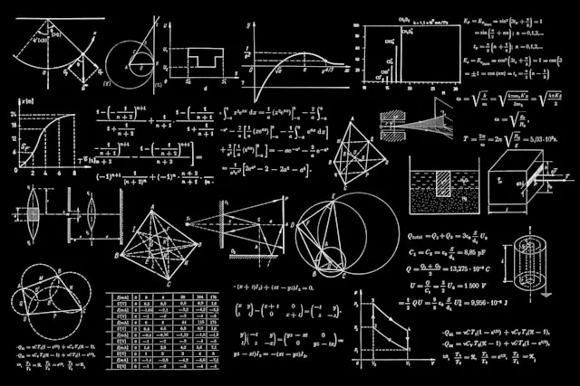A blackboard with a many diagrams and mathematical operations drawn on it.
