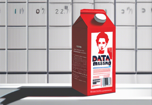 An AI generated image of a red milk carton that has a creepy, slightly distorted
outline of a face on the side of the carton, with text underneath the person&#039;s
face appearing to say Data Missing (in the typically gibberish way that generative
models draw text). The carton stands in front of a white-tiled wall and casts
an ominous shadow on a white countertop.
