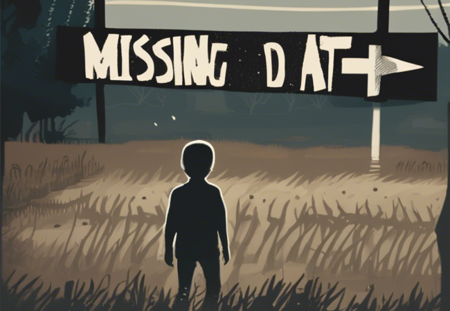 An AI generated image of a small boy&#039;s silhouette, stood in a field facing a
large sign that appears to say Missing Data (but is distorted as is typically
the case with text produced by generative models).
